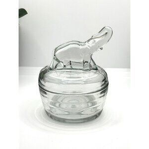 Vintage Jeanette Elephant Crystal Clear Glass Powder Trinket Covered Dish